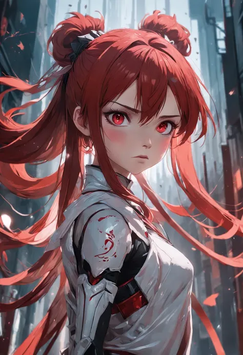 fine Illustration artstyle by Russ Mills, luis Royo, Darek Zabrocki, beautifull woman, pmmmKyouko, ((Sakura Kyoko, Madoka Magica, spear, {red hair, long ponytail})), upper body dynamic posture, soft skin, hyperdetailed eyes, red eyes, hyperrealism, highly ...