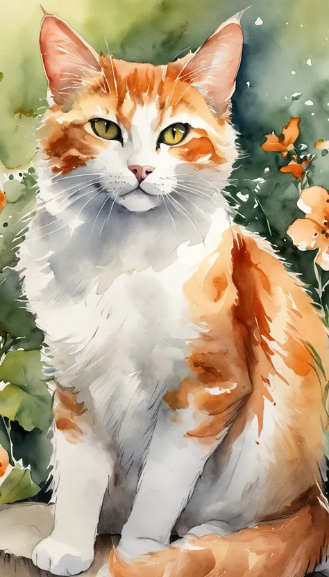 Garden cat，Under the sun，Warm orange hair，Detailed sketch style，Close up focusing on cats eye，Maos eyes are painted with a jewel-like material，Add cat purr，Its a warm and peaceful sight..