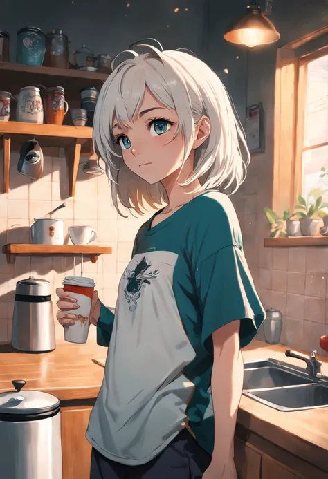 A young white woman with a spectrum of tattoos and hair stands in her kitchen, her t-shirt and slippers the only clothing she wears as she enjoys her freshly brewed coffee.