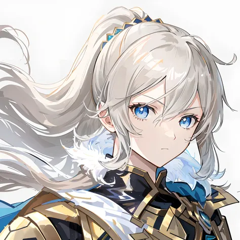 animemanga girl，Human Knight，Human General，grey long hair，With a ponytail，Bangs refer to this picture，Black armor，Golden cape，golden shoulder pads，blue color eyes，look to the front，A reference to this image by the face，The expression of the character is th...