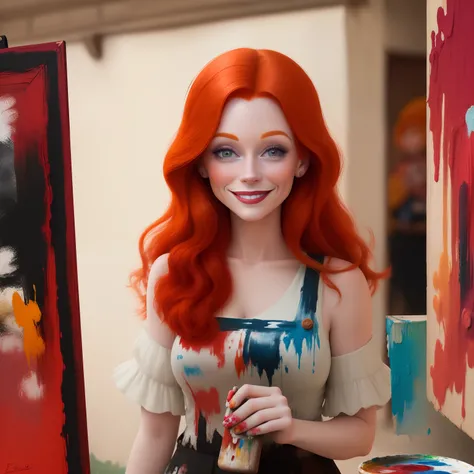 A smiling Ginger woman with a palette of paints in her hand, Estilo Disney, fofo