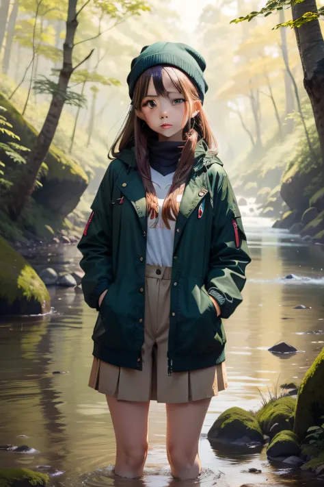 Draw a girl near the river in the forest with clothes