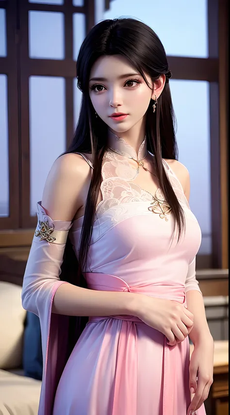 1 beautiful girl wearing ancient costumes, ((pink and light white outfit: 0.8)), long and silky black hair, hair jewelry and nec...