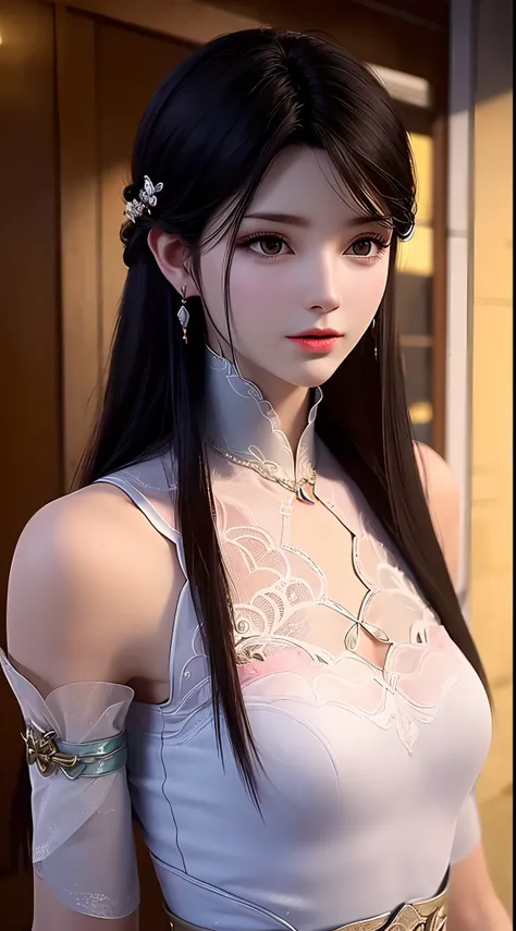 1 beautiful girl wearing ancient costumes, ((pink and light white outfit: 0.8)), long and silky black hair, hair jewelry and nec...