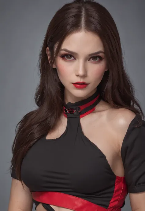 Sexy beauty superheroine . Dark brown hair Brown eyes wearing a black mid-abdominal blouse，There is a red stripe in the middle，There is an opening in the chest . Wear black shorts，The middle is red, Plus fishnet socks. Wearing black boots with a pink silho...