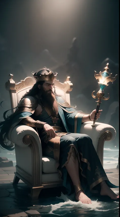 king of water, long hair and beard, holds a short scepter in his left hand，holding a decorative cup in his right hand, sat in hi...