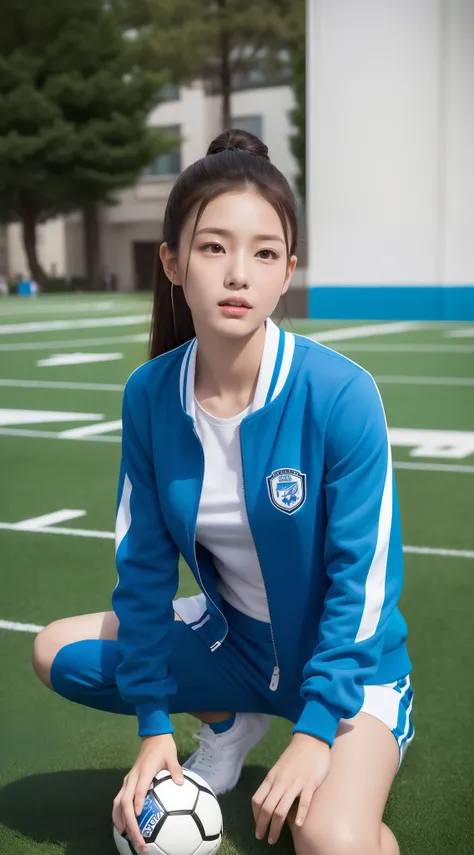 1 very beautiful female high school student，Wear blue and white tracksuits，Play with the ball on the grass of the football field，（On the grass:1.02），Super high value，perfect body figure，Beautiful short ponytail，Delicate hair，Fair face and skin，Beads of swe...