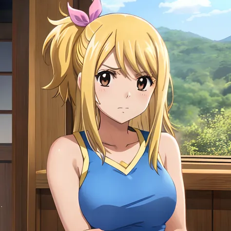 1girl, lucy heartfilia, solo, blonde hair, brown eyes, long hair, indoors, looking at viewer, anime coloring, parody, side ponytail, bare shoulders, upper body,  sleeveless, hair ribbon,