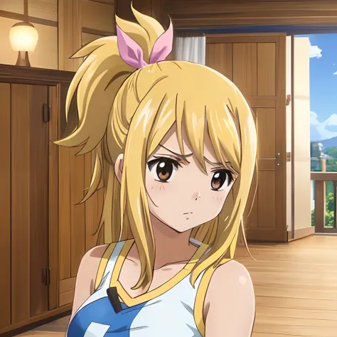 1girl, lucy heartfilia, solo, blonde hair, brown eyes, long hair, indoors, looking at viewer, anime coloring, parody, side ponytail, bare shoulders, upper body,  sleeveless, hair ribbon,