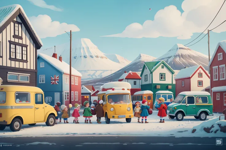 Year: 2020
Country: Iceland
Description: In a charming village square, tweens dressed in Icelandic sweaters and knitted caps gather around an old-fashioned ice cream truck. As the sunlight filters through the colorful buildings, the childrens animated conv...