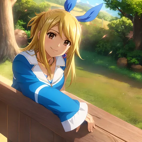 lucy heartfilia, 1girl, solo, blonde hair, brown eyes, long hair, earrings, jewelry, smile, ribbon, hair ribbon, tree,