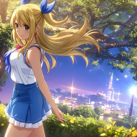 lucy heartfilia, 1girl, solo, blonde hair, brown eyes, long hair, earrings, jewelry, smile, ribbon, hair ribbon, tree,