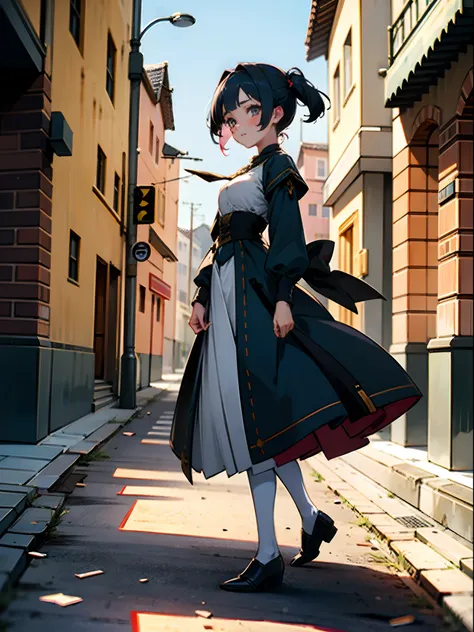 Anime girl with blue short hairs, medieval dress, white eyes, walking on the road, medieval city, blush, 4k, high quality, supersharp, masterpiece, beautiful woman, perfect body, perfect face, cute face, full body view