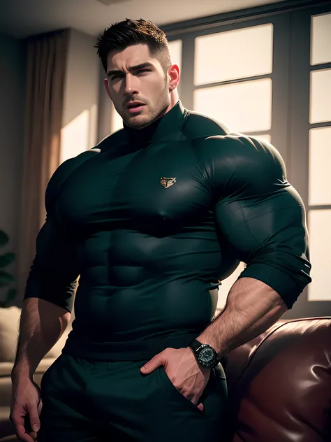 Muscular security guard with open mouth，Chris Redfield，He wears a long-sleeved turtleneck sweater，He had sad eyes in his eyes，Grievanced frown，Emerald charming eyes，Tall and burly，musculous！Tall, Burly and strong， Extremely detailed depiction of faces，Exqu...