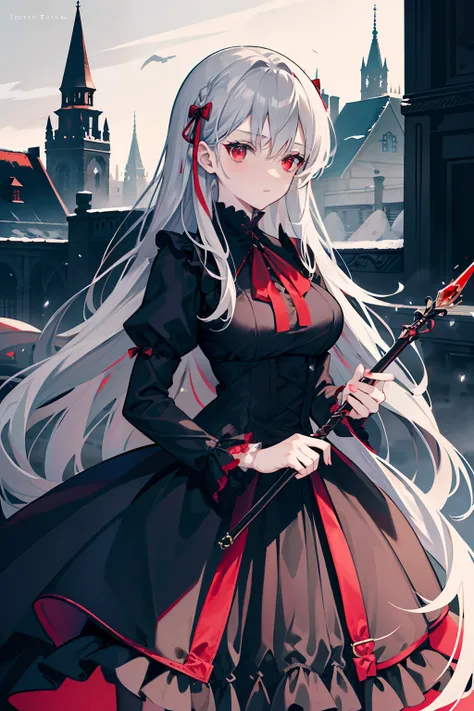 Girl in a black dress of an English aristocracy，On the chest is a red checkered ribbon，She held a long one, Delicate wands in black and red，Gray hair and red eyes，Noble temperament，Stand where it snows，There are no buildings around，Best quality，Exquisite，S...