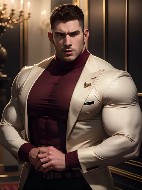 muscular security guard with open mouth，chris redfield，he wears a long-sleeved turtleneck sweater，he had sad eyes in his eyes，gr...