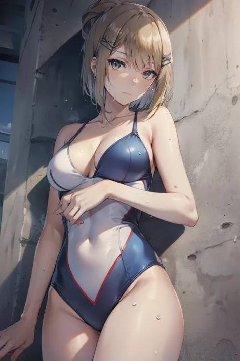 top-quality、Full limbs、complete fingers、Slender beauty、straight haired、very short hair of golden color、White knee-high、white school swim suit、Small eyes、Wet texture、distressed pose, Mass sweat