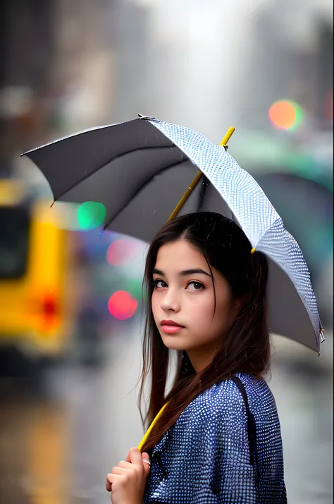 Th photograph of a girl wearing an umbrella in the rain in style of messy look,4K,high quality Beautiful