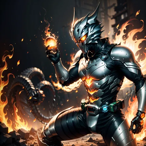 （tmasterpiece），（best qualtiy），（Detail 1.4），（HD8K），（The best wallpapers），(Kamen Rider），（A swordsman wearing a black dragon mask），（Normal human anatomy），（Normal human proportions），（Bionic machinery），（Hold the fireball in your right hand，Surrounded by flames）...