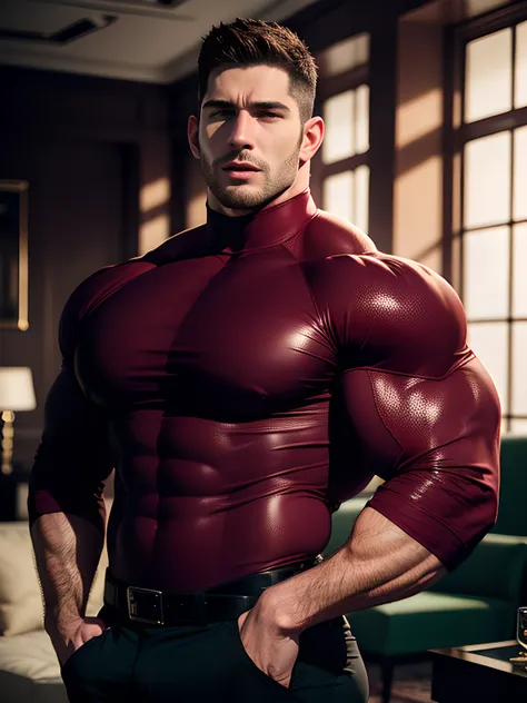 muscular security guard with open mouth，chris redfield，he wears a long-sleeved turtleneck sweater，he had sad eyes in his eyes，gr...