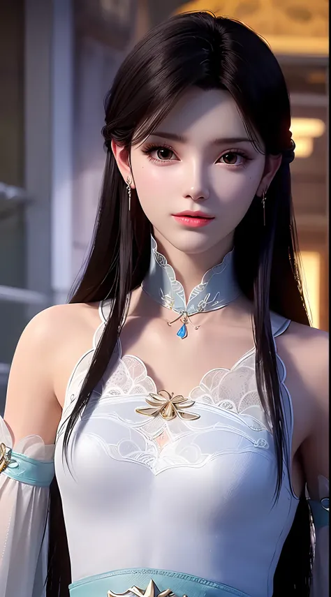 1 beautiful girl wearing ancient costumes, ((blue and light white outfit: 0.8)), Long and silky black hair, hair jewelry and necklaces, Beautiful little face Thin eyebrows, the most beautiful and spotless face, the very beautiful eyes, big round black eyes...