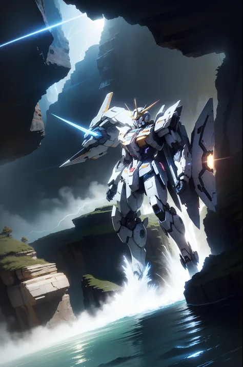 The delicate Gundam mech glows from the canyon with flowing water