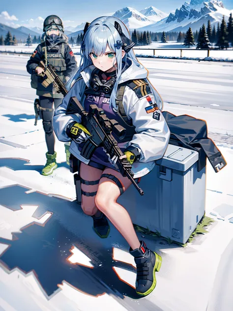 gun girl, special force, special operation, aiming at the enemy, assault rifle, white clothes, snow mountain, full body, backgro...