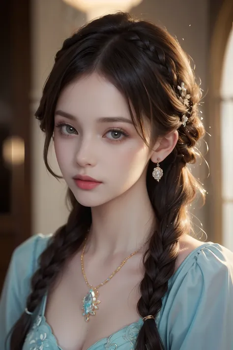 (A masterpiece with ultra-high image quality，Beautiful bust of an 18-year-old noble girl，Classic braid，eyes are shiny and clear，Floral craftsmanship，Crystal Jewelry，Ultra-fine details，Soft lighting)