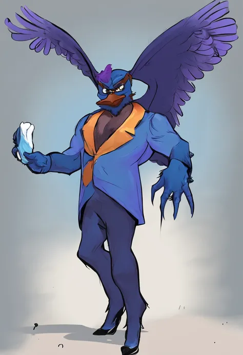 Berdly from Deltarune, professional art made by twistedscarlett60, 1boy, solo, male, avian, bird, avian tail, bird tail, blue body, blue feathers, feathery, blue skin, fully blue skin, completely blue skin, fully blue body, artist:twistedscarlett60, glasse...