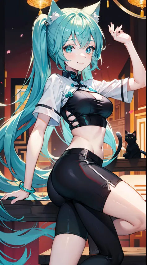 young girl, long turquoise hair, turquoise eyes, cat ears, Smile, black chinese tight top, Upskirt, Masterpiece, hiquality