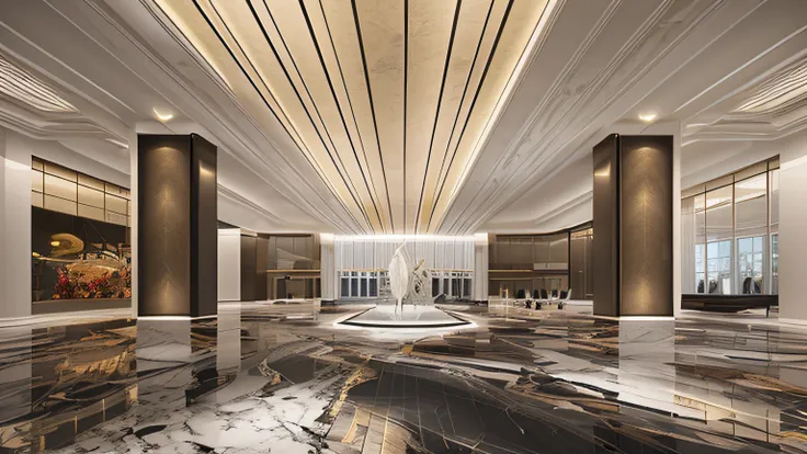 In buildings with statues，There are dark marble floors,  rendered in enscape, building rendering,, architectural 3 d render, rich colours，Metal ceiling shape，Linear light strip