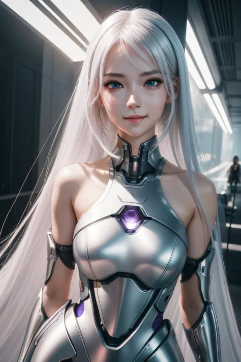 Hyper-realistic，Live-action photo，Stunning beauty，half-body shots，One wearing a pink metal mechanical skirt on a solid background，Silver-white woman, 3 D rendering character art 8 K, Cyborg - Girl with white hair, beautiful female android!, beautiful femal...