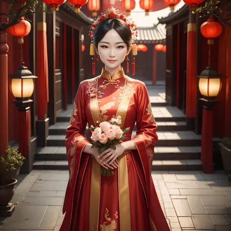 （Best quality: 1.1), (Realistic: 1.1), (Wedding: 1.1), (highly details: 1.1), 1 Daughter is married，Stand in front of a Chinese-style building, closeup of face，Clear facial features，Happy smile, The woman wears a red-gold ancient long dress，with a crown on...