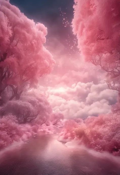 in white clouds fairyland, Dreamy Romantic, dreamy atmosphere and drama, very magical and dreamy, dreamy scene, heaven pink, On the cloud, The sky is pink, Heaven, in white clouds fairyland, Fantastic dreamy atmosphere, dreamy and ethereal, still from a mu...