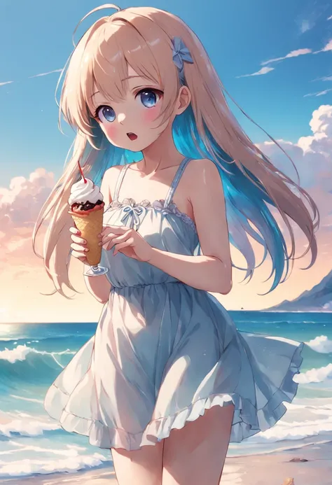 A lovely loli standing on the beach，Eating ice cream，Wear a long transparent dress