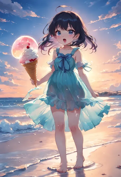 A lovely loli standing on the beach，Eating ice cream，Wear a long transparent dress