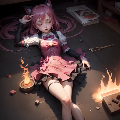 quadratic element，The corpse of a magical girl，eyes closed tight，Shed tears，The magic wand smashed on the body，Use the fire element。