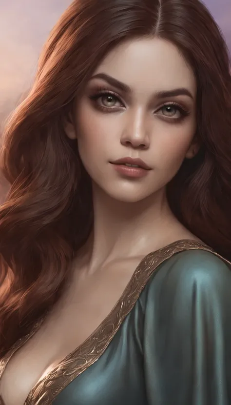 pintura de uma mulher elfa em um manto escuro com um cidade no fundo, artgerm detalhado, Aly Fell e Artgerm, Mulher elfa, Orelhas pontudas. Retrato do Paladino Feminino, retrato de arte conceito de fantasia, retrato de fantasia fosco detalhado, Artgerm ext...