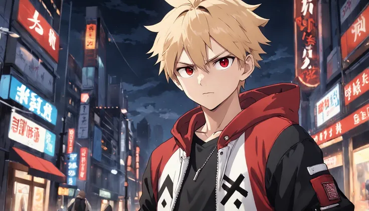 ONE single 14 y/o MALE teen with BLOND spiky hair oriented to the right side, BROWN pupil, wearing an unzipped jacket in a mix of JET BLACK and RED with hoodie on, WHITE t-shirt with the letter "N" on the shirt, beige jeans, smirking, both hands in jacket ...