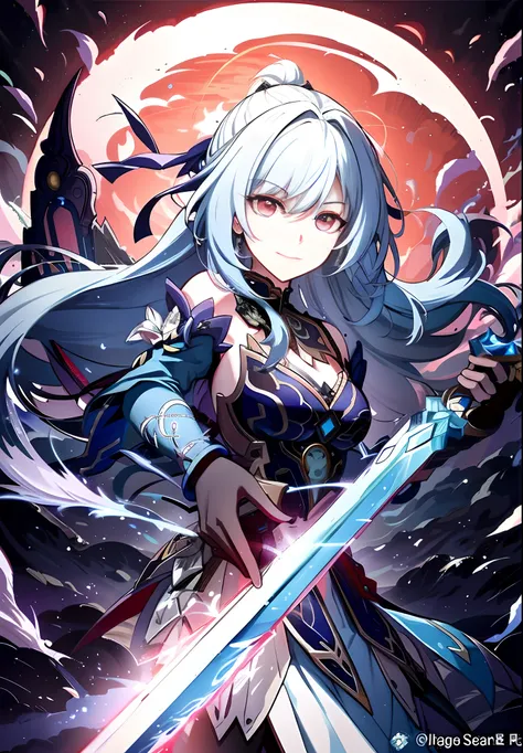 a woman with long white hair holds a sword before the full moon, ayaka genshin impact, detailed key anime art, she is holding a ...