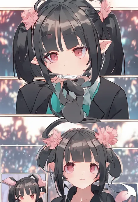 black hair, hair bobbles, wince, longeyelashes, solid circle eyes, fake animal ears, light smile, ear blush, fang, drop shadow, anaglyph, tachi-e, atmospheric perspective, 8k, ccurate, best quality