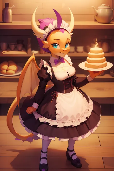 Dragon Girl, purple hair, (Beige dragon horns), Cyan eyes, scale, paws with claws, Orange spread wings, orange ponytail with purple hair at the tip, anthro, Average Breasts, dragon head, Hairstyle high, Black puffy maid dress, Medieval cuisine, Furnace, wo...