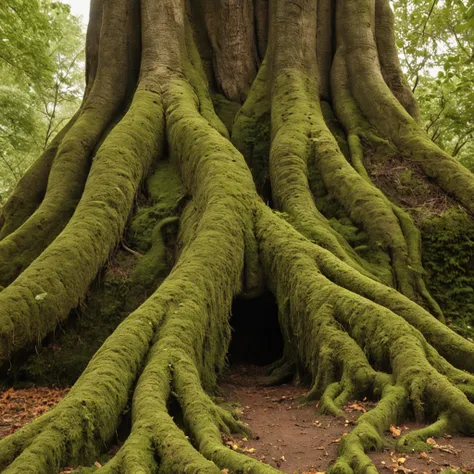 scary giant tree: twisted and ancient; roots: roots rise and fall from the ground in serpentine loops; roots: roots are around the trunk and covering the trunk with moss; texture: rough and deeply furrowed; appearance: illusion of hidden faces and figures;...