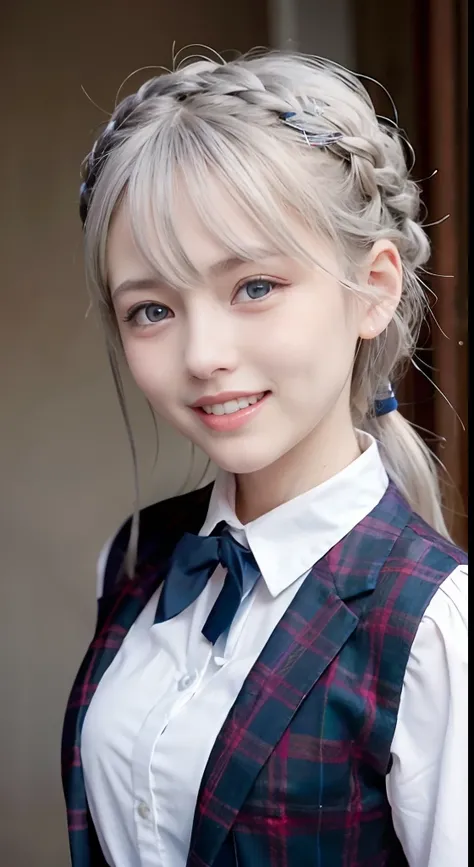 (ultra-detailliert), Tartan check jacket,high-school uniform、Blue eyes,The upper part of the body、a closeup、faces、(A smile:1.5),(facing front:1.2), 20yr old, teens girl,no tail,(no tail),2D, ​masterpiece, top-quality, animesque, A detailed eye, A detailed ...