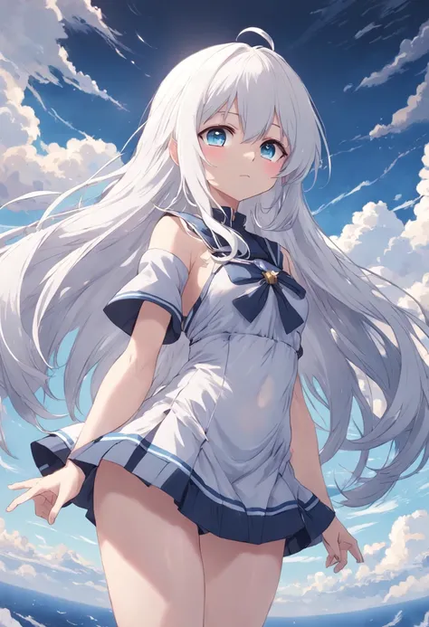 Woman with long white hair and blue eyes standing in the sky, Anime visuals of cute girls, Girl with white hair, perfect gray hair girl, white haired god, white  hair, Kantai Collection Style, anime clouds, young anime girl, anime moe art style, Anime Best...