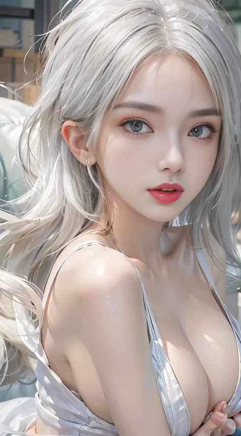 Photorealistic, High resolution, 1womanl, Solo, hips up high, view the viewer, (Detailed face), White hair, Long hair, maid clothes, Jewelry、Blue eyes、white  hair、silber hair、((Beautiful breasts :1.1)), ((((No panties, No bra)))), (Exposed breasts）0p、mix４,...