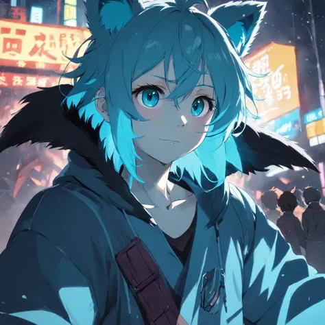 tmasterpiece，best qualtiy，cinematic Film still from，adolable，Bear ears，Boy，Hair color：white colors，There is a cyan color dye，Pupil color：cyan colors，shaggy，adolable，rays of sunshine，ssmile，Black and white clothes，Chubby，Boy，Background with：rays of moonligh...