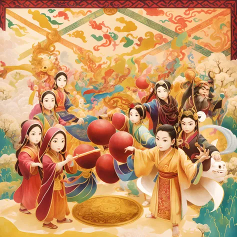 There are a lot of people standing together in one painting, A beautiful artwork illustration, Journey to the West. Pop art, dreamland of chinese, full-colour illustration, A colorful festival, persian folklore illustration, Official illustration, persian ...