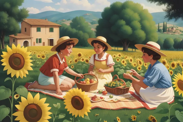 Year: 1995
Country: Italy
Description: In a charming Tuscan village, an upper-middle-class family dressed in retro clothing enjoys a picnic amidst a sunflower field. The family sits on vintage quilts spread out on the ground, surrounded by baskets of fresh...