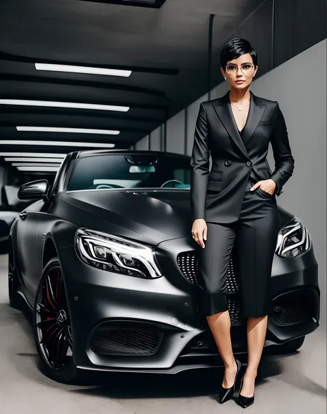 Black suit black glasses black short hair black Mercedes 8K luxury garage